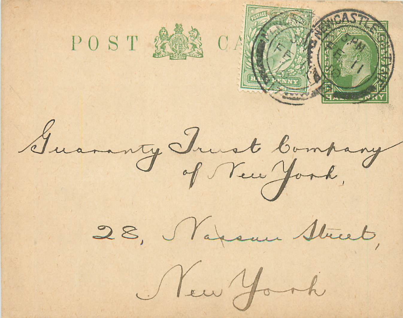 Entier Postal Stationary Newcastle 1/2 + 1/2 for New York