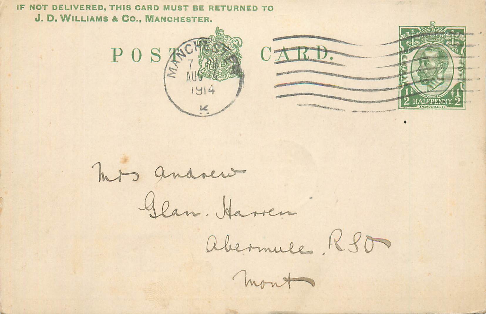 Entier Postal Stationary 1/2p Manchester 1914 