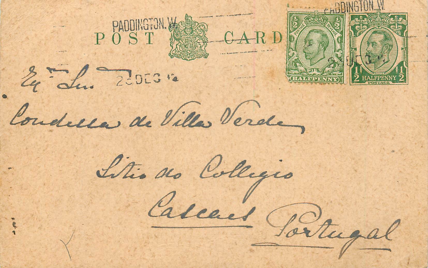 Entier Postal Stationary 1/2p for Portugal