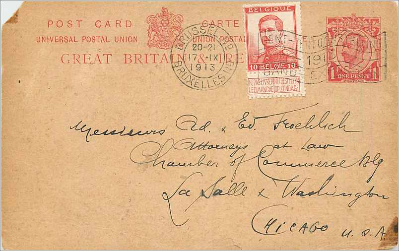 Entier Postal Postal Stationary Grande Bretagne Great Britain 1913 to Chicago