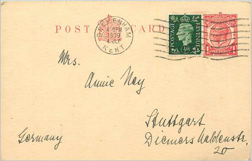 Entier Postal Postal Stationary Grande Bretagne Great Britain 1939 to Stuttgart