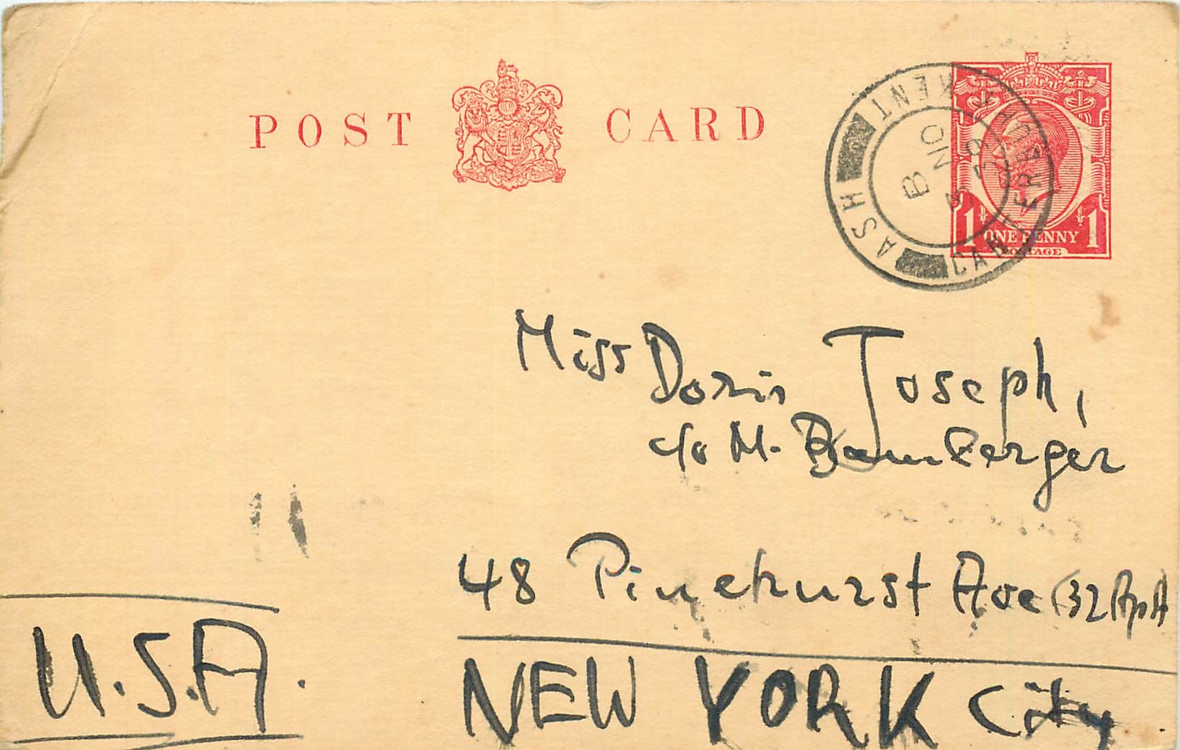 Entier Postal Postal Stationary Grande Bretagne Great Britain 1939 to New York