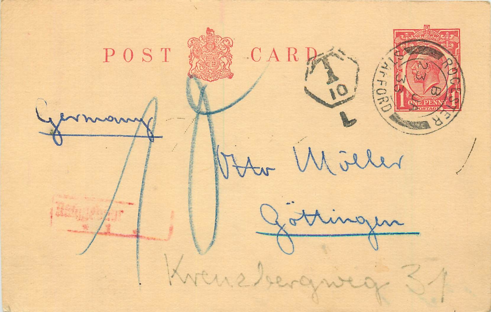 Entier Postal Postal Stationary Grande Bretagne Great Britain 1933 to Gottingen with T mark Postage 