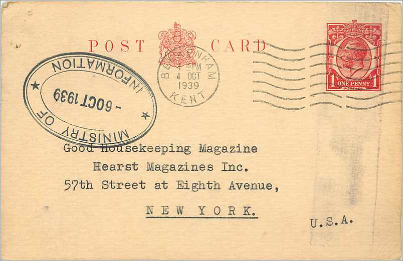 Entier Postal Postal Stationary Grande Bretagne Great Britain Beckenham 1939 to New York Ministry of