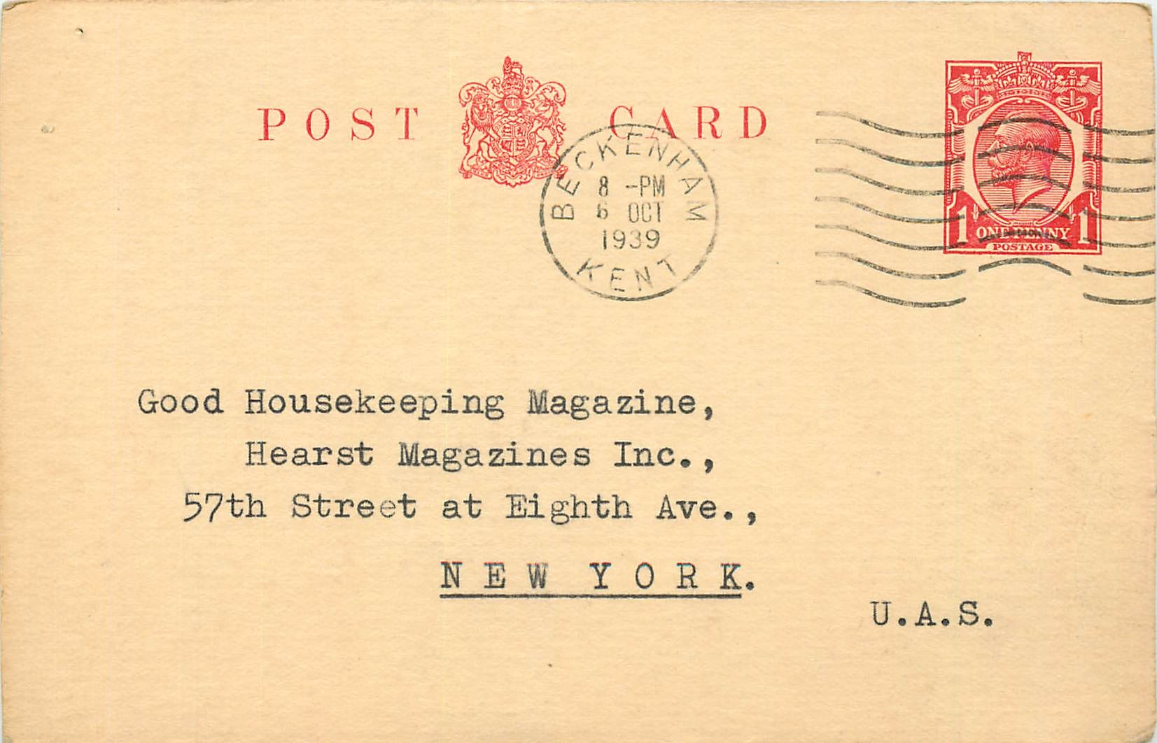 Entier Postal Postal Stationary Grande Bretagne Great Britain Beckenham 1939 to New York 