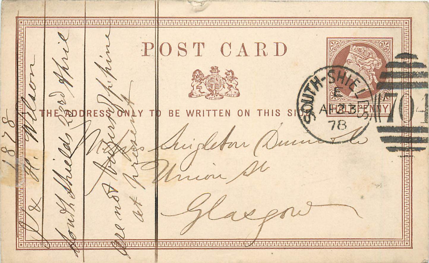 Entier Postal Postal Stationary Grande Bretagne Great Britain 1878 South Shields to Glasgow
