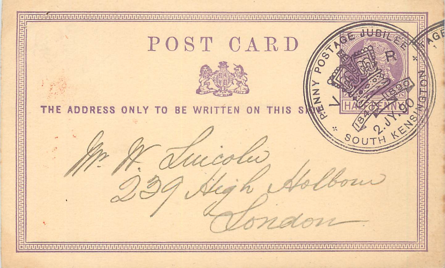 Entier Postal Postal Stationary Grande Bretagne Great Britain 1890 special handstamp South Kensingto