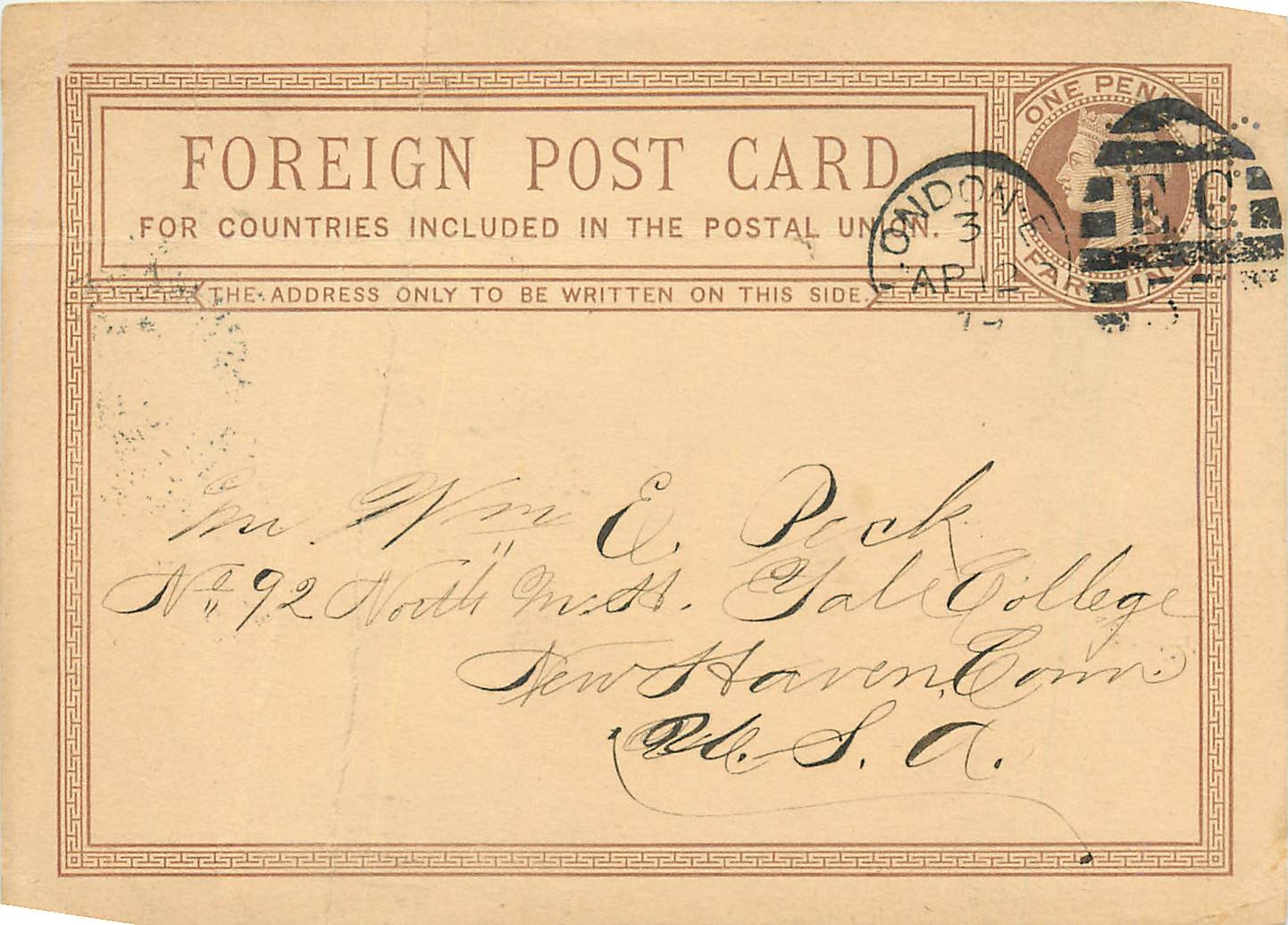Entier Postal Postal Stationary Grande Bretagne Great Britain London to New Haven1879
