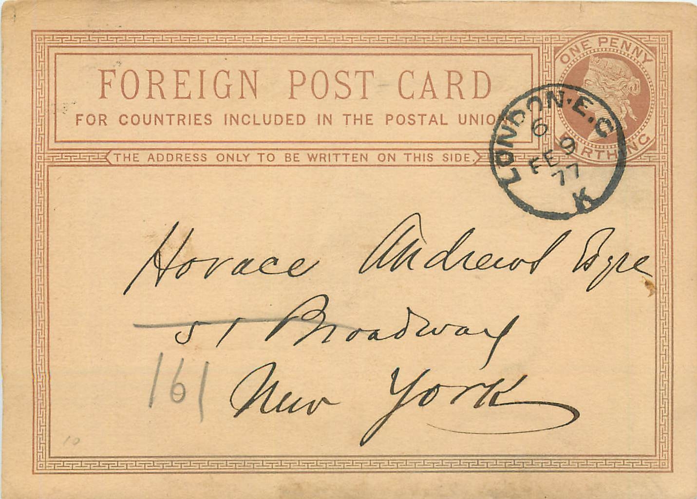 Entier Postal Postal Stationary Grande Bretagne Great Britain 1877 London to New York