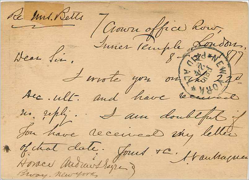 Entier Postal Postal Stationary Grande Bretagne Great Britain 1877 London to New York — Verso