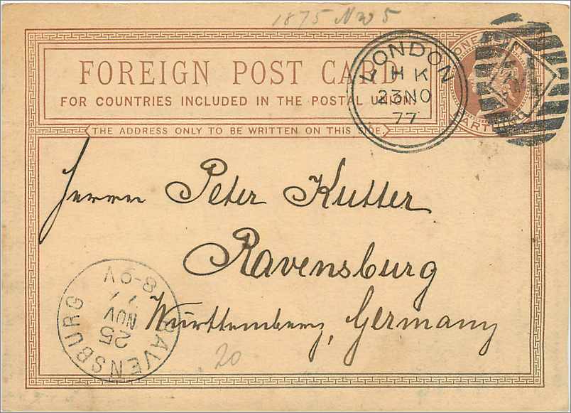 Entier Postal Postal Stationary Grande Bretagne Great Britain 1877 London to Ravensburg