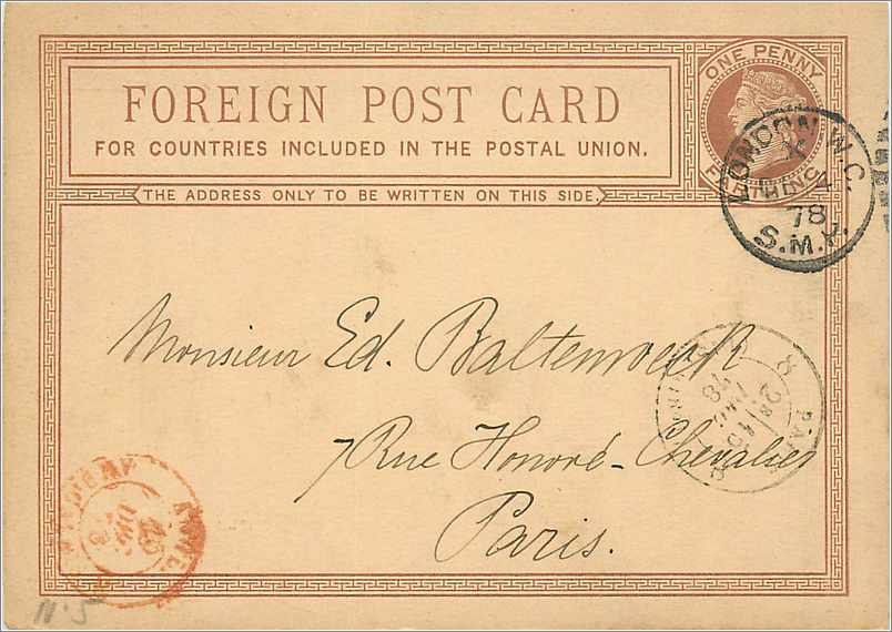 Entier Postal Postal Stationary Grande Bretagne Great Britain 1878 London to Paris