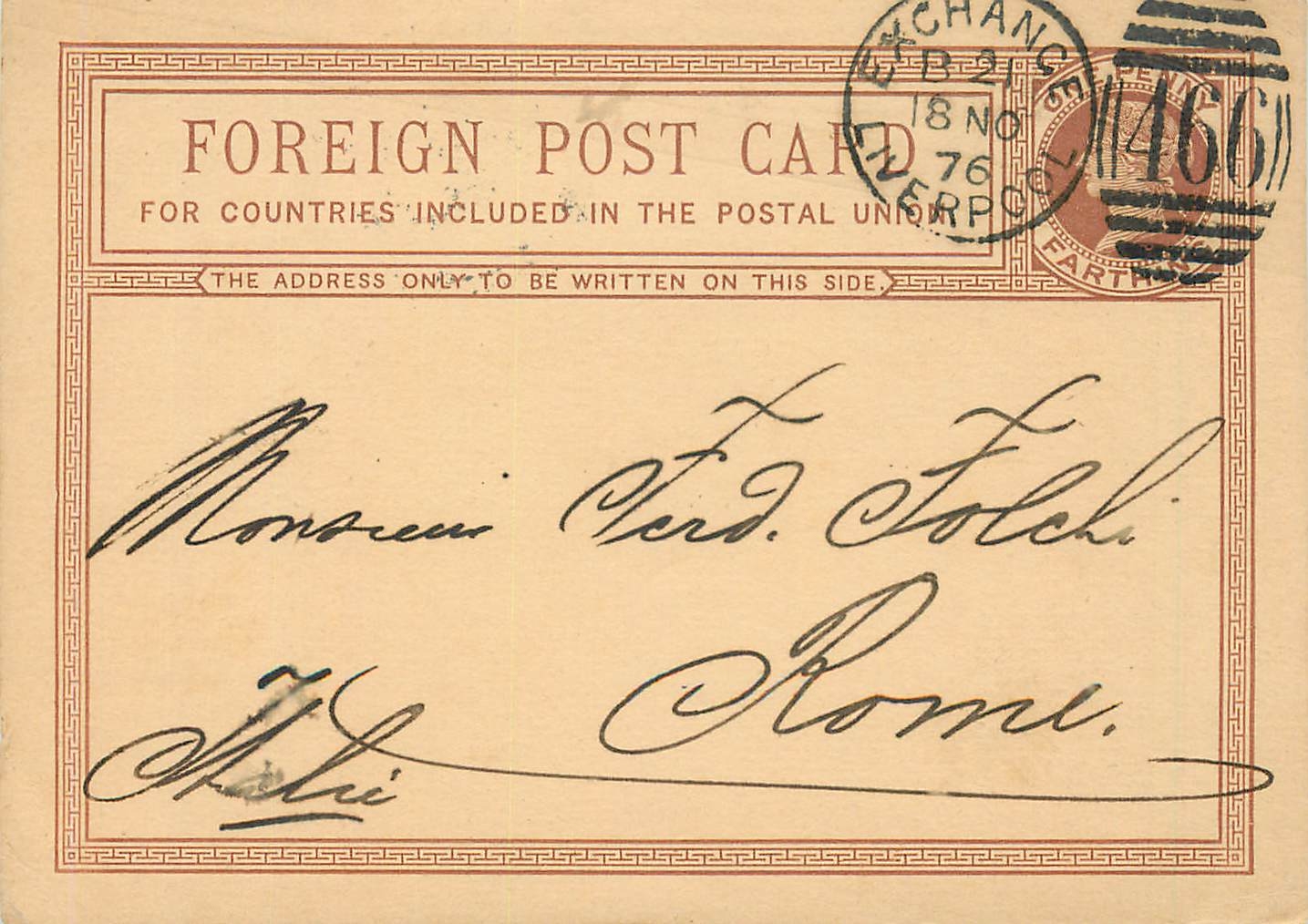 Entier Postal Postal Stationary Grande Bretagne Great Britain Liverpool to Roma 1876
