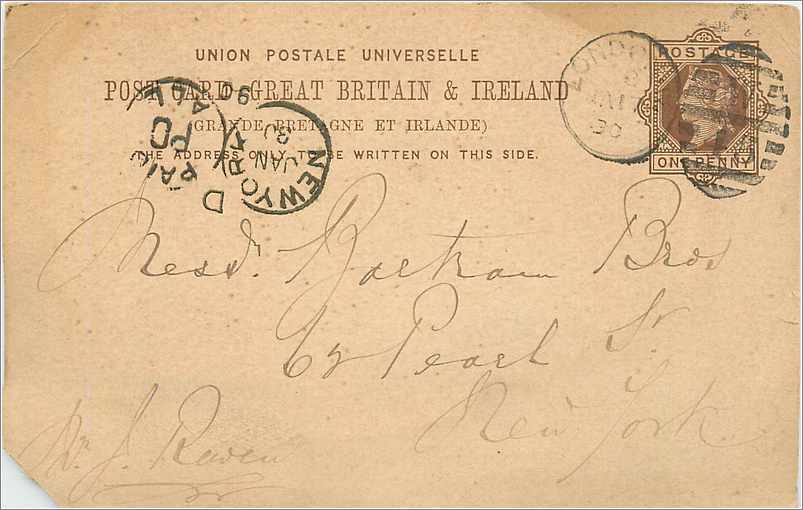 Entier Postal Postal Stationary Grande Bretagne Great Britain 1890 London to New York