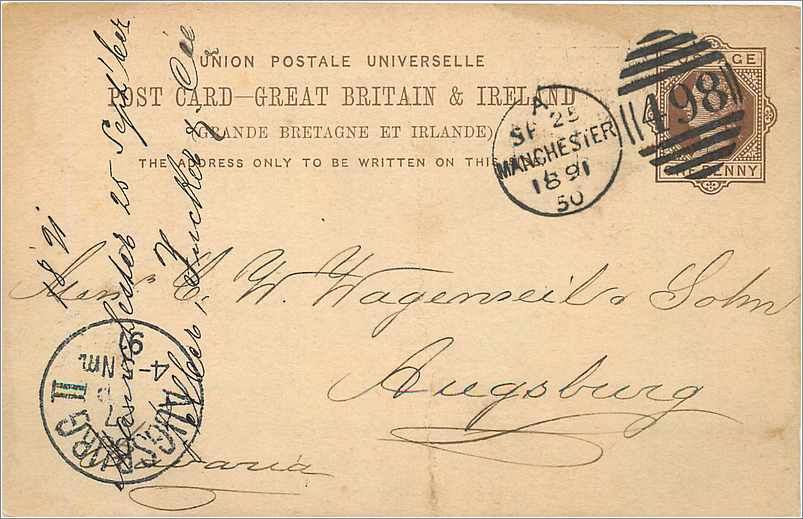 Entier Postal Postal Stationary Grande Bretagne Great Britain Manchetser to Augsburg 1891