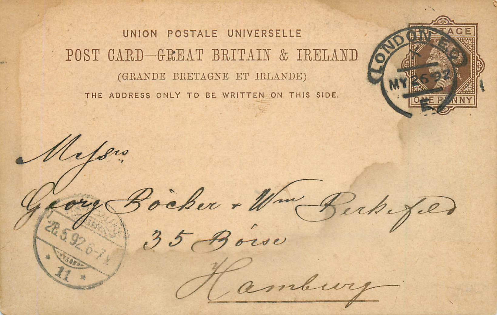 Entier Postal Postal Stationary Grande Bretagne Great Britain 1892 London to Hamburg