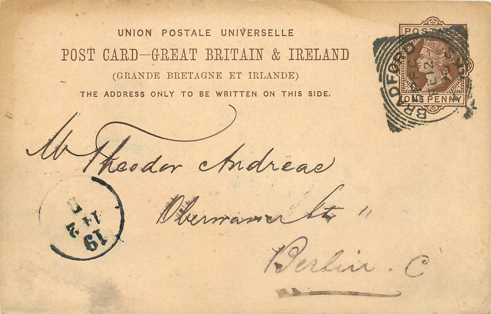 Entier Postal Postal Stationary Grande Bretagne Great Britain 1890 Bradford to Berlin