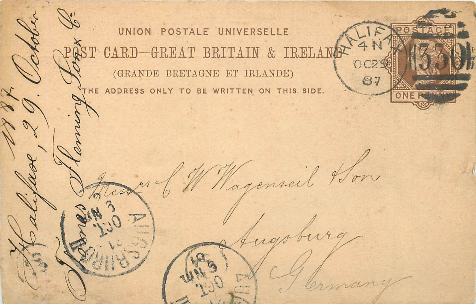 Entier Postal Postal Stationary Grande Bretagne Great Britain 1887 Halifax to Augsburg