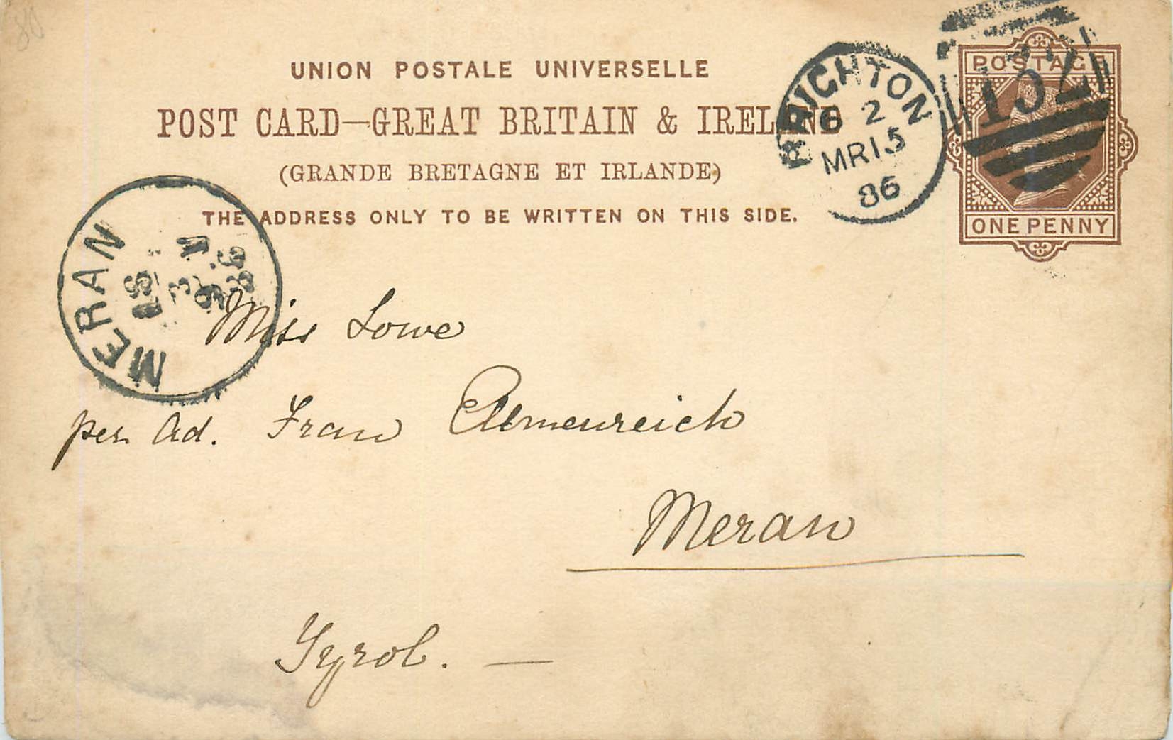 Entier Postal Postal Stationary Grande Bretagne Great Britain 1886 Brighton to Meran