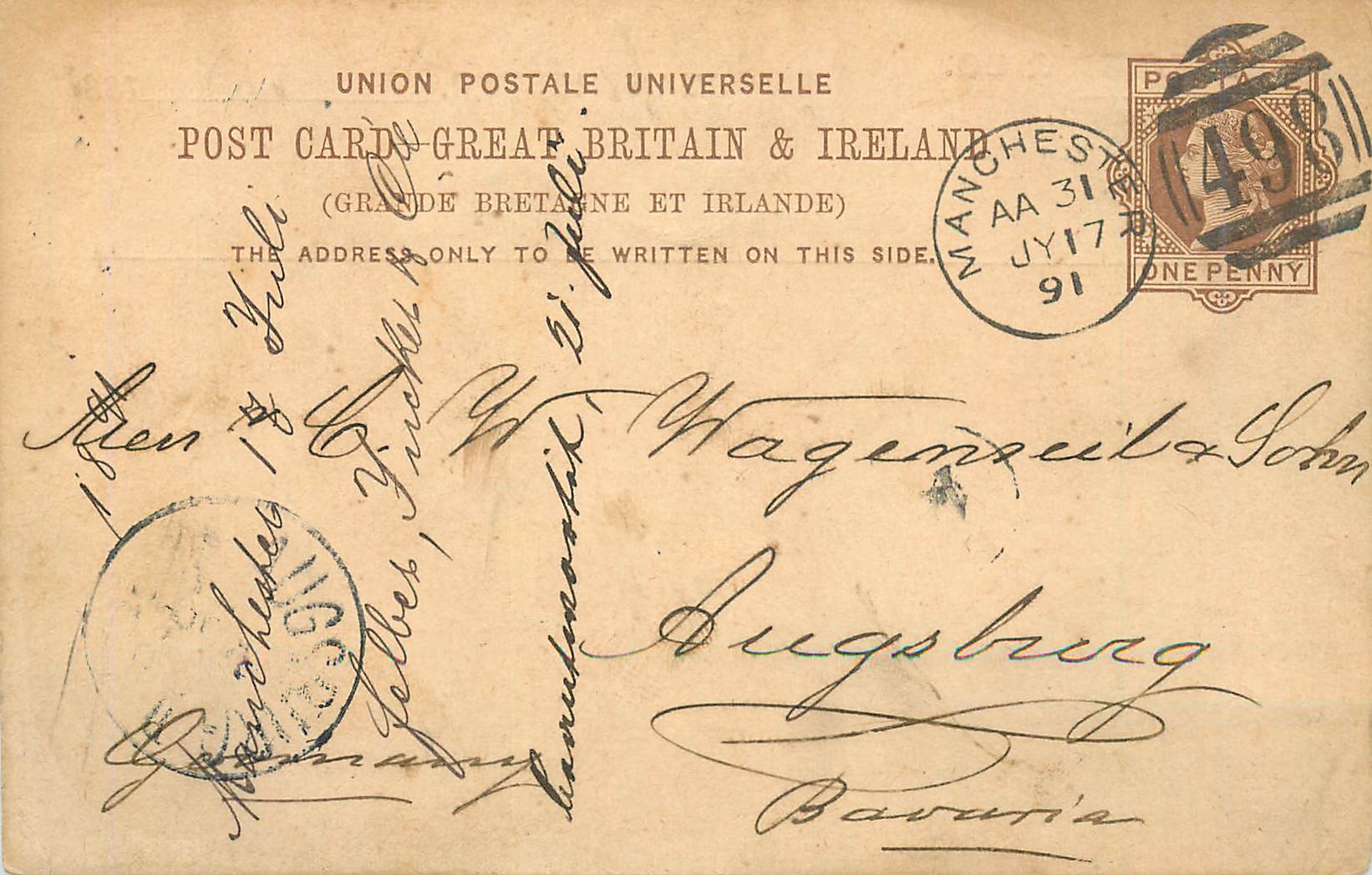 Entier Postal Postal Stationary Grande Bretagne Great Britain 1891 Manchester to Augsburg