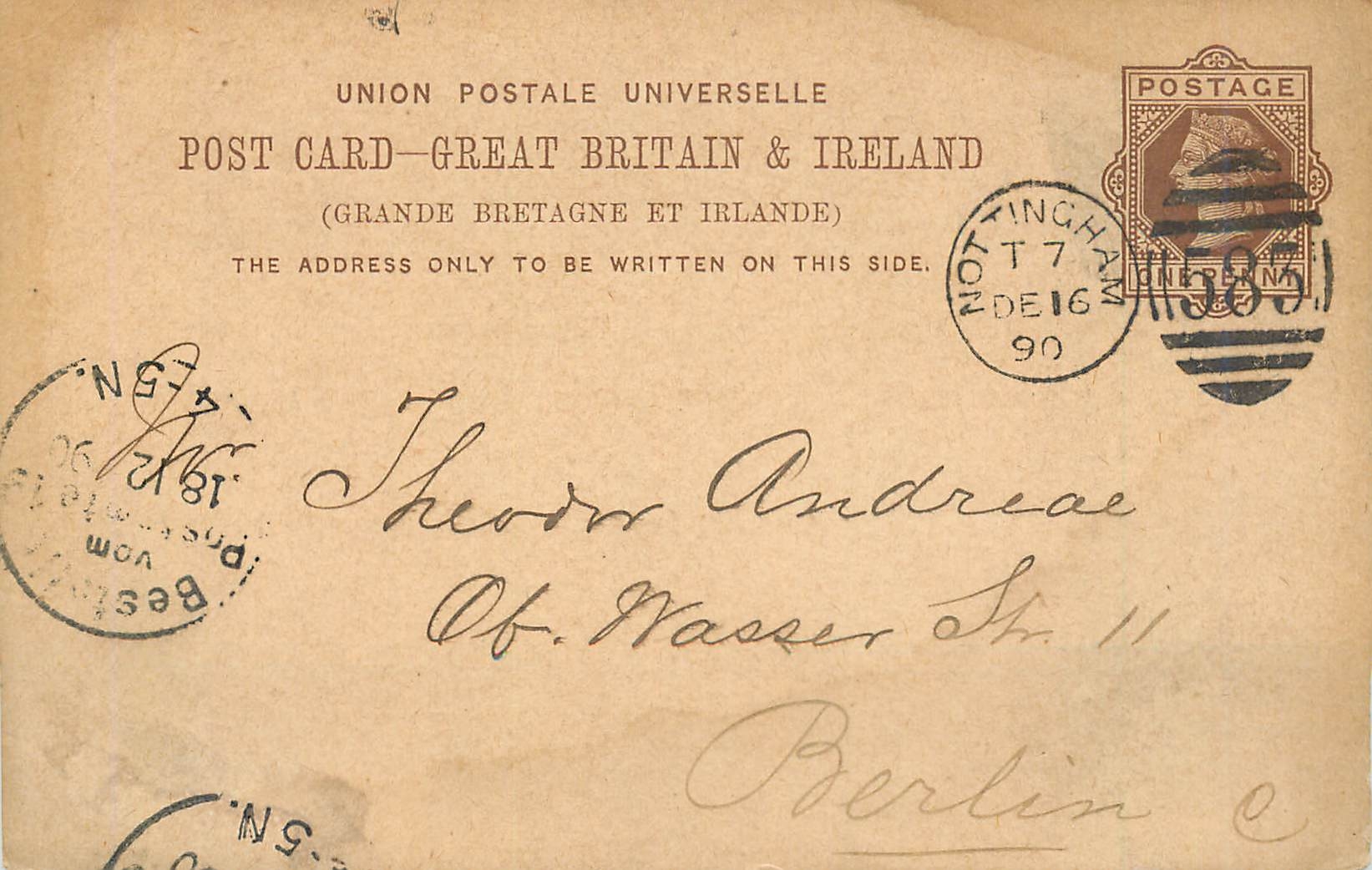 Entier Postal Postal Stationary Grande Bretagne Great Britain 1890 Nottingham to Berlin