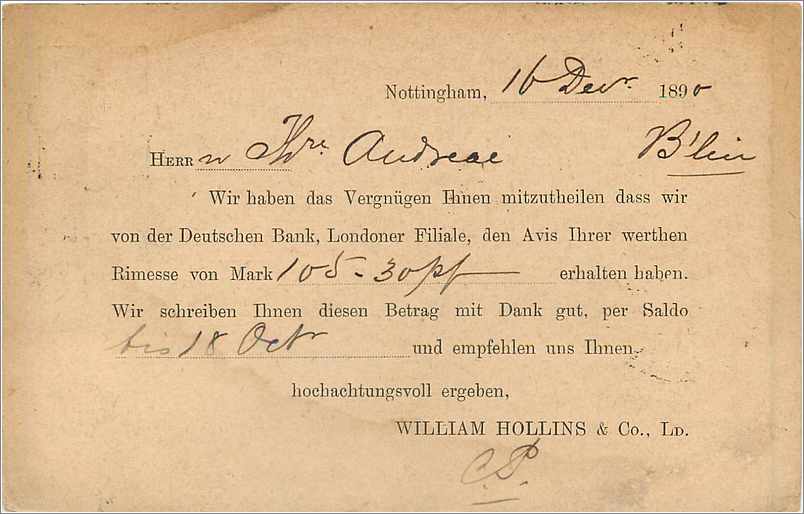 Entier Postal Postal Stationary Grande Bretagne Great Britain 1890 Nottingham to Berlin — Rückseite