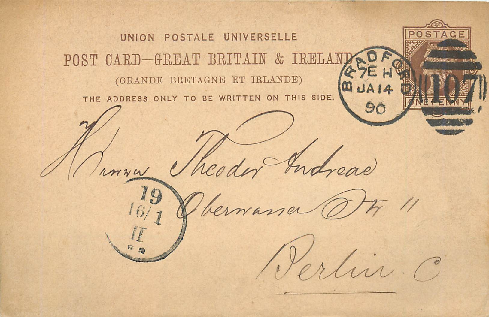 Entier Postal Postal Stationary Grande Bretagne Great Britain 1890 Bradford to Berlin