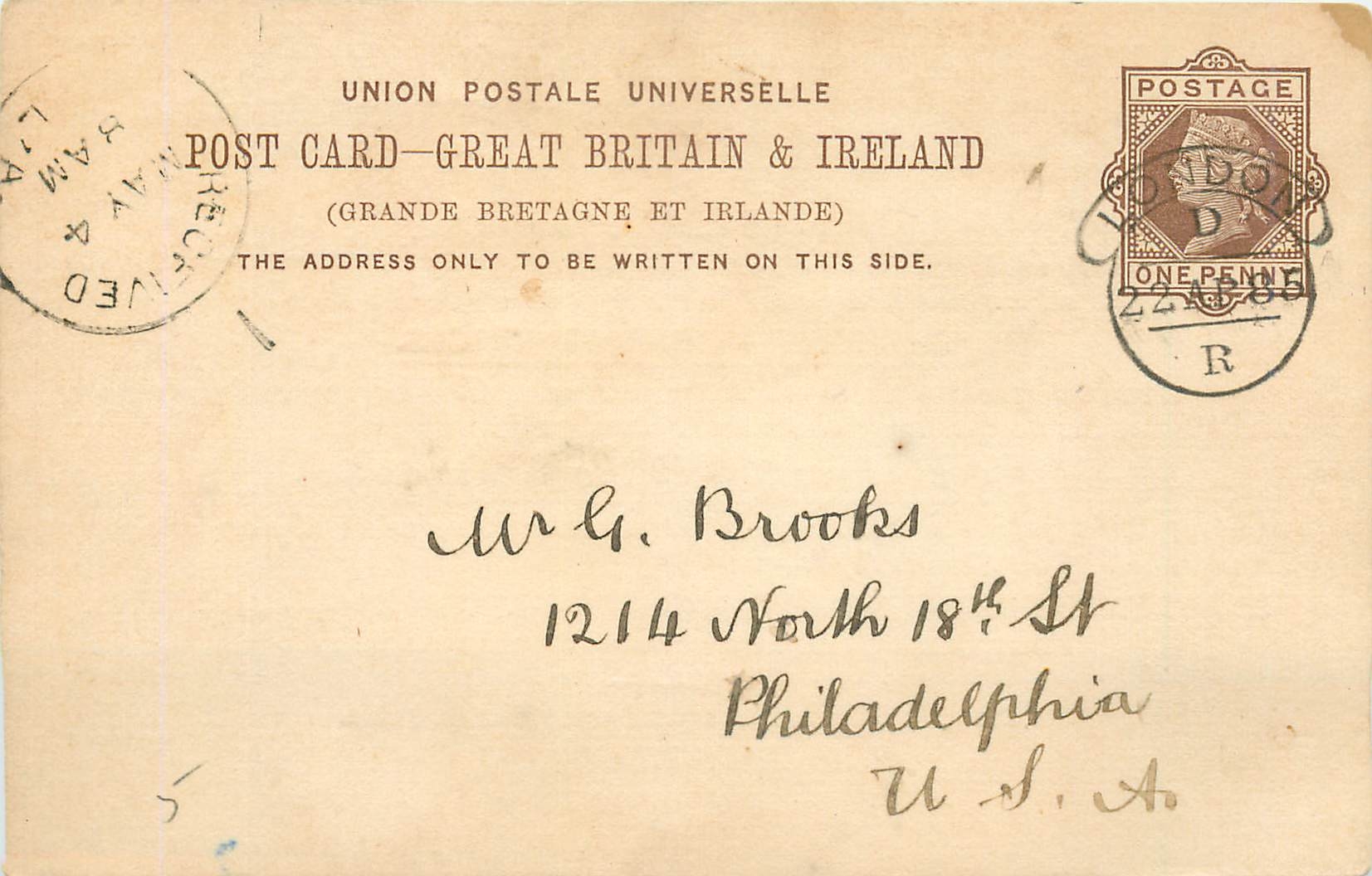 Entier Postal Postal Stationary Grande Bretagne Great Britain 1885 London to Philadelphia