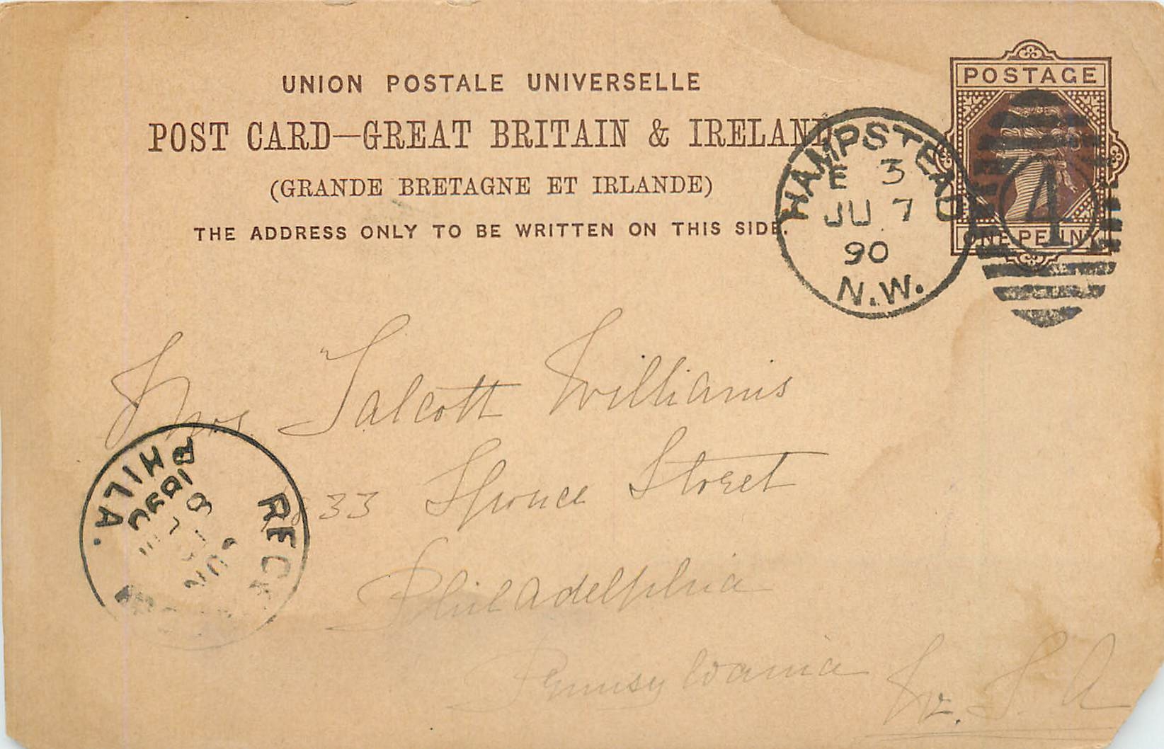 Entier Postal Postal Stationary Grande Bretagne Great Britain 1890 Hampstead to Philadelphia
