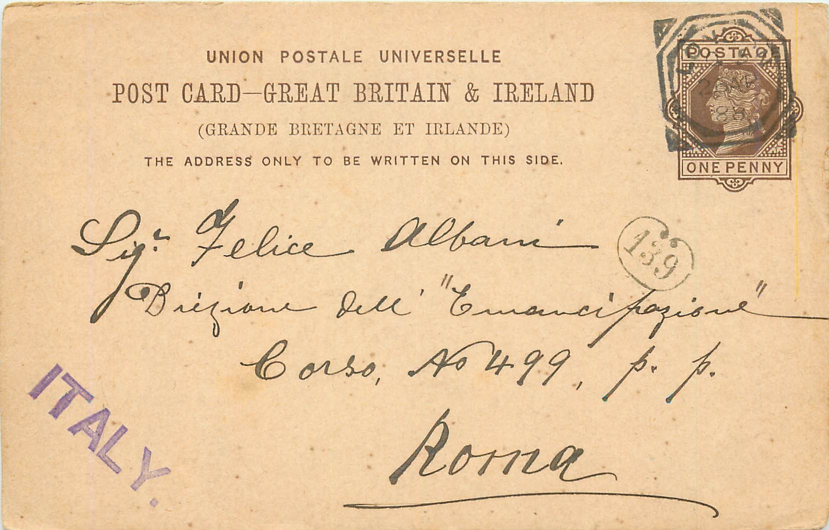 Entier Postal Postal Stationary Grande Bretagne Great Britain London to Roma