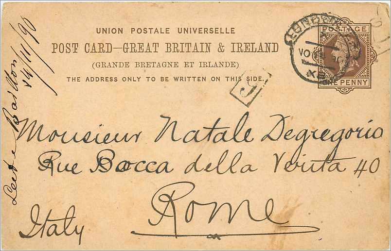 Entier Postal Postal Stationary Grande Bretagne Great Britain 1890 London to Rome