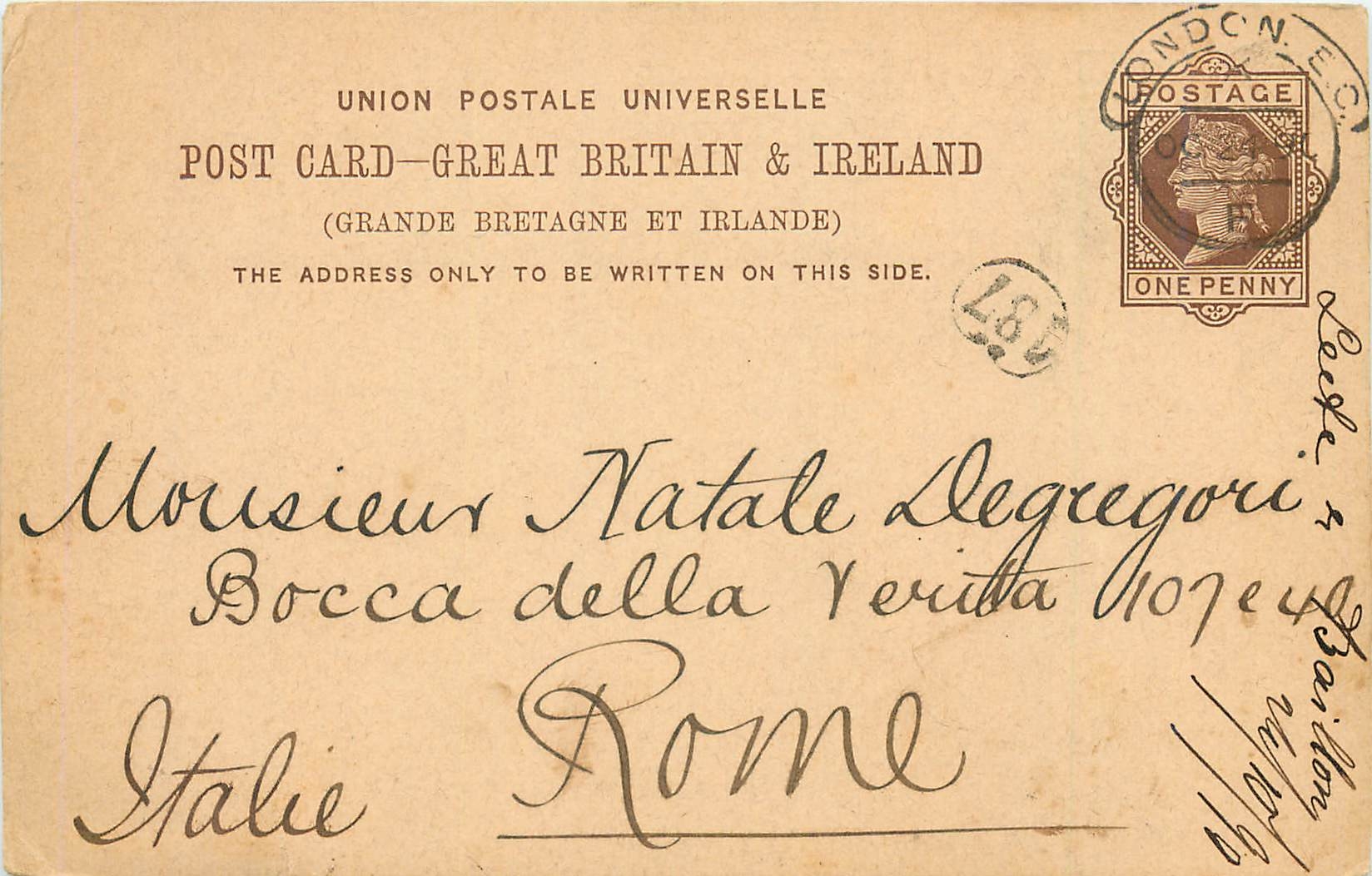 Entier Postal Postal Stationary Grande Bretagne Great Britain 1891 London to Rome