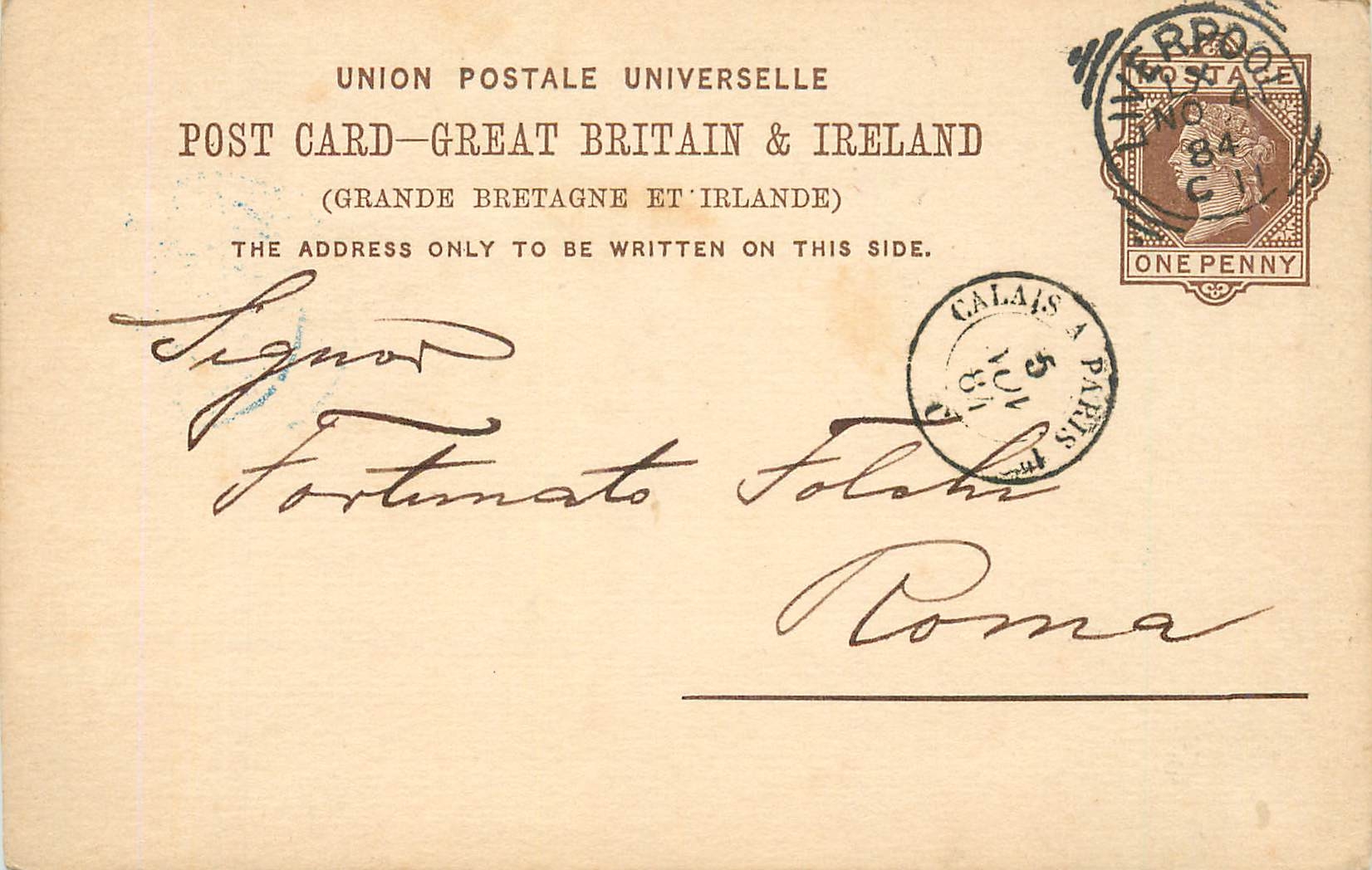 Entier Postal Postal Stationary Grande Bretagne Great Britain Liverpool to Rome