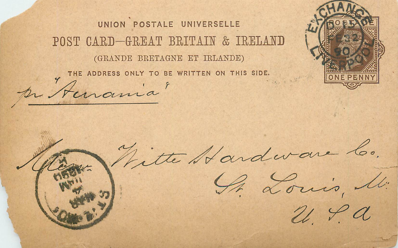 Entier Postal Postal Stationary Grande Bretagne Great Britain 1890 Liverpool to St Louis USA