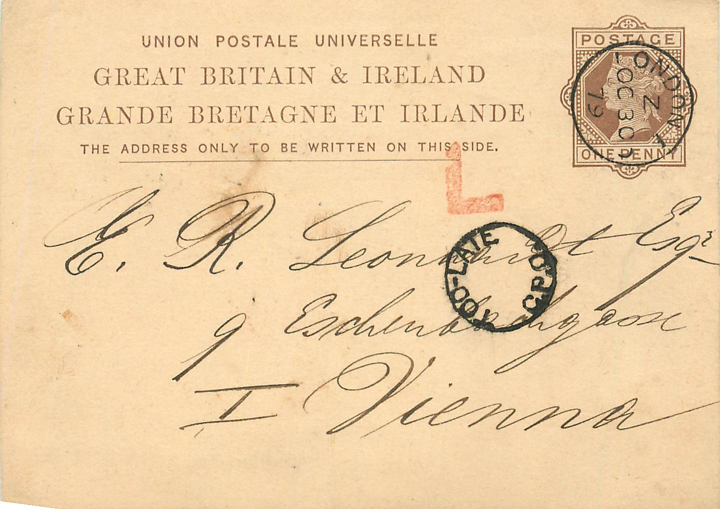 Entier Postal Postal Stationary Grande Bretagne Great Britain 1879 London to Vienna