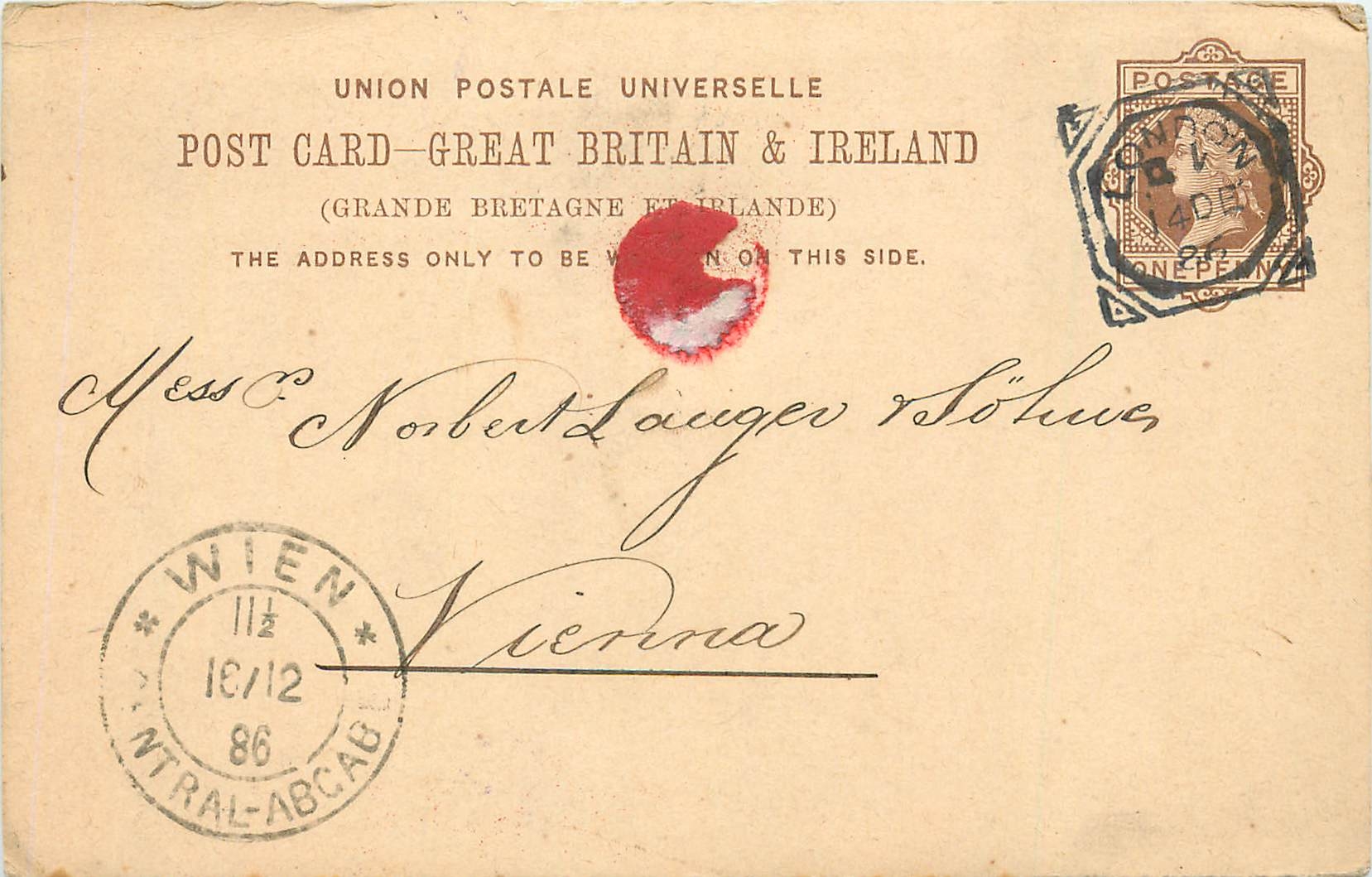 Entier Postal Postal Stationary Grande Bretagne Great Britain 1886 London to Vienna