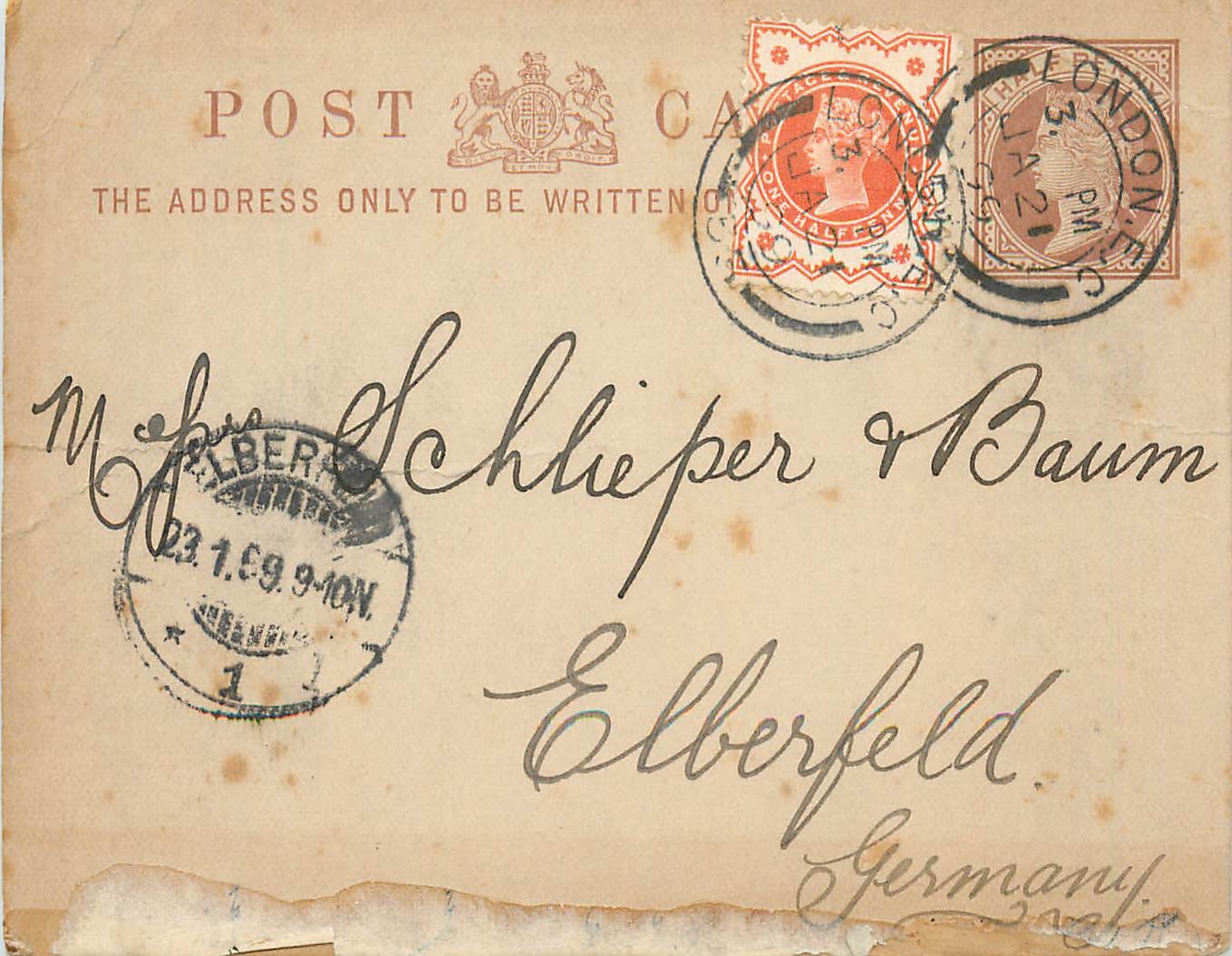 Entier Postal Postal Stationary Grande Bretagne Great Britain 1899 London to Elberfeld