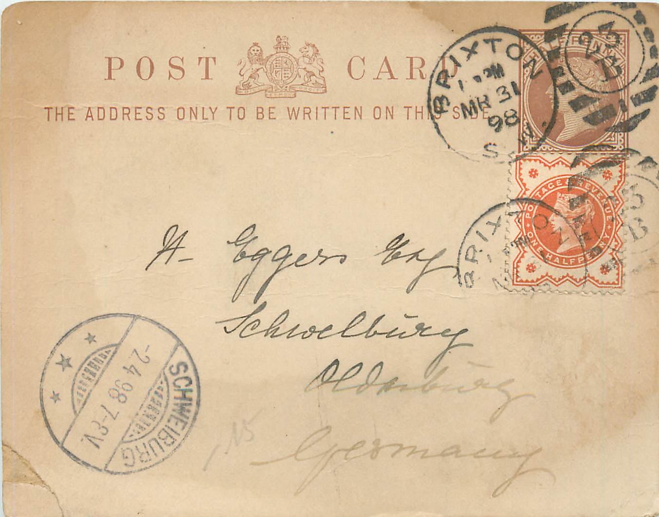 Entier Postal Postal Stationary Grande Bretagne Great Britain 1898 Brixton to Oldeburg