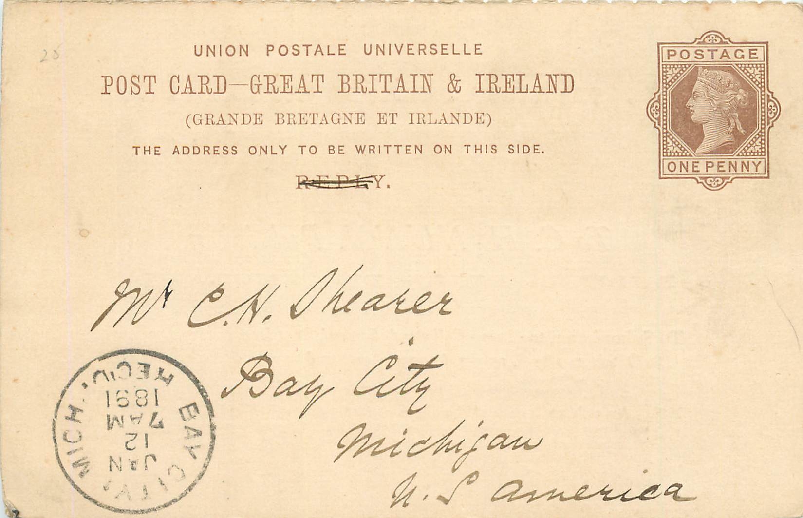 Entier Postal Postal Stationary Grande Bretagne Great Britain to Bay City USA