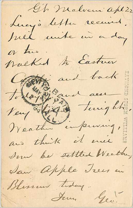 Entier Postal Postal Stationary Grande Bretagne Great Britain 1884 Malvern to Essex USA — Verso