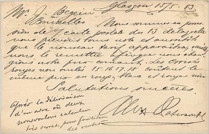 Entier Postal Postal Stationary Grande Bretagne Great Britain 1883 Glasgow to Bruxelles — Verso