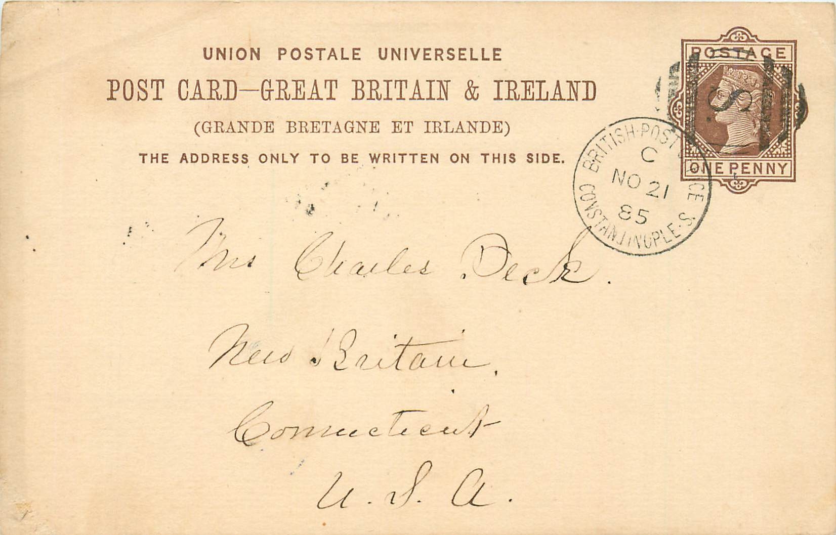 Entier Postal Postal Stationary Grande Bretagne Great Britain 1885 Turkey Constantinople to Connecti