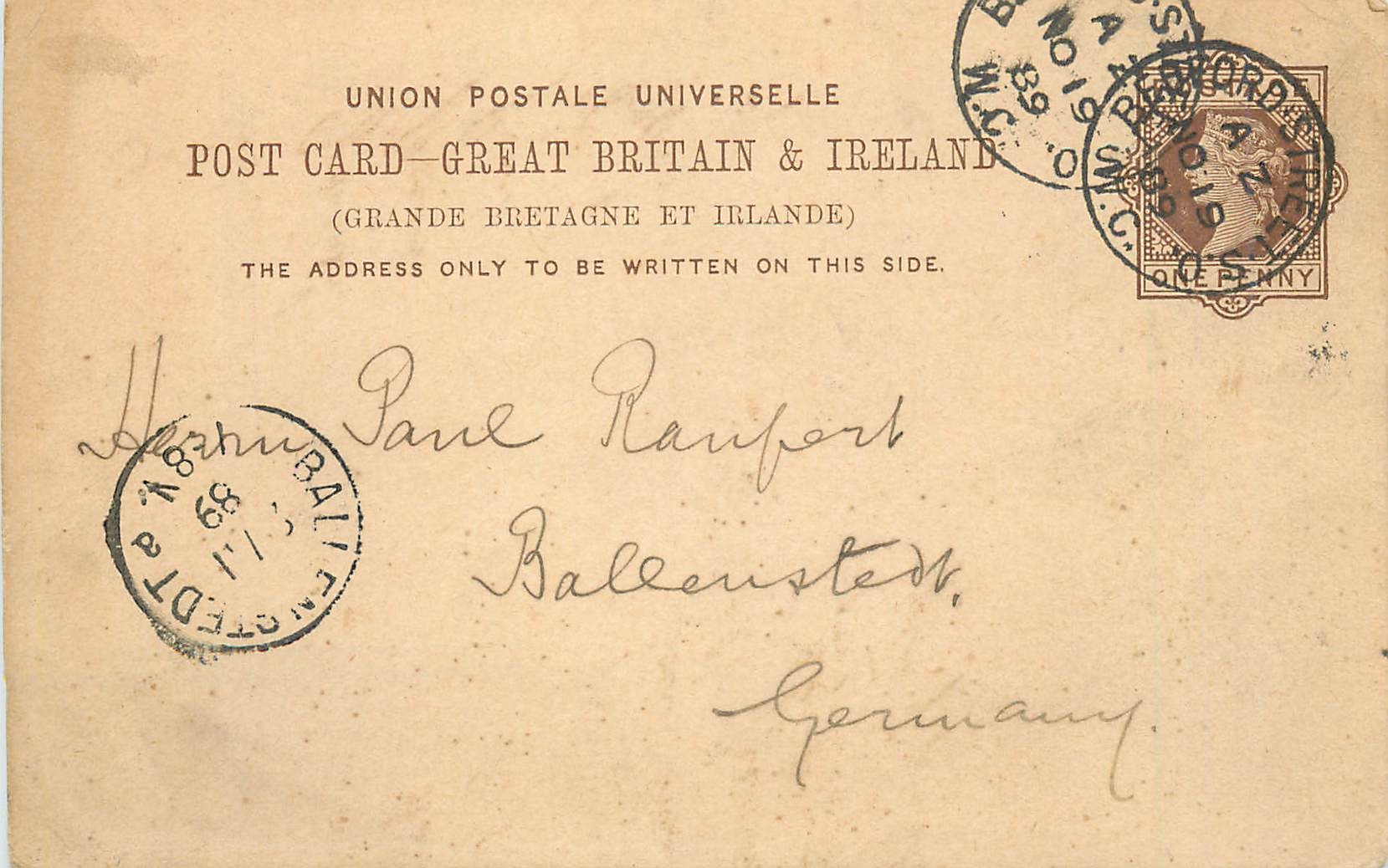 Entier Postal Postal Stationary Grande Bretagne Great Britain Bedford 1899 to Ballenstedt
