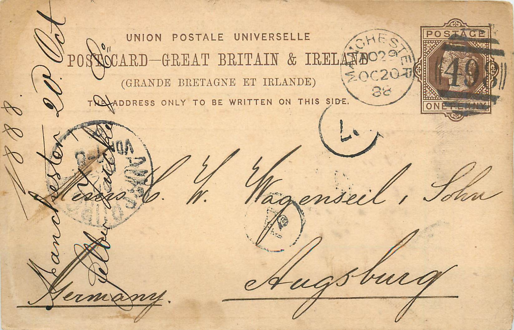 Entier Postal Postal Stationary Grande Bretagne Great Britain 1888 Manchester to Augsburg