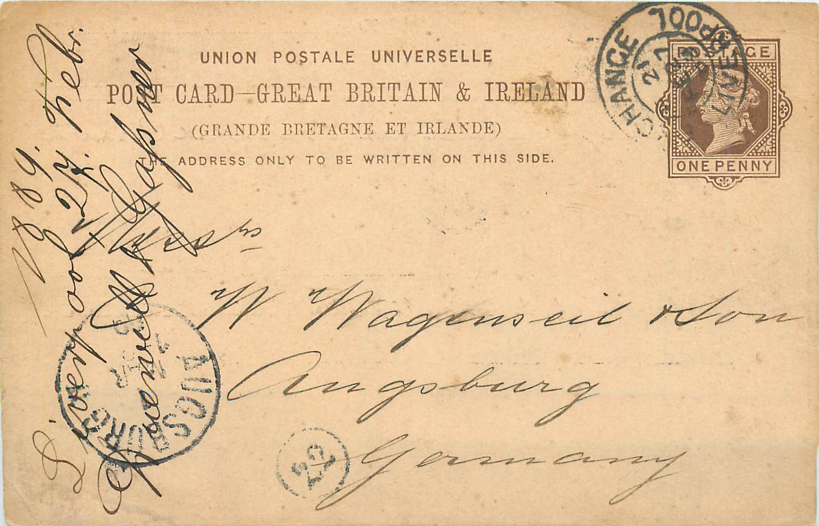Entier Postal Postal Stationary Grande Bretagne Great Britain 1889 Liverpool to Augsburg