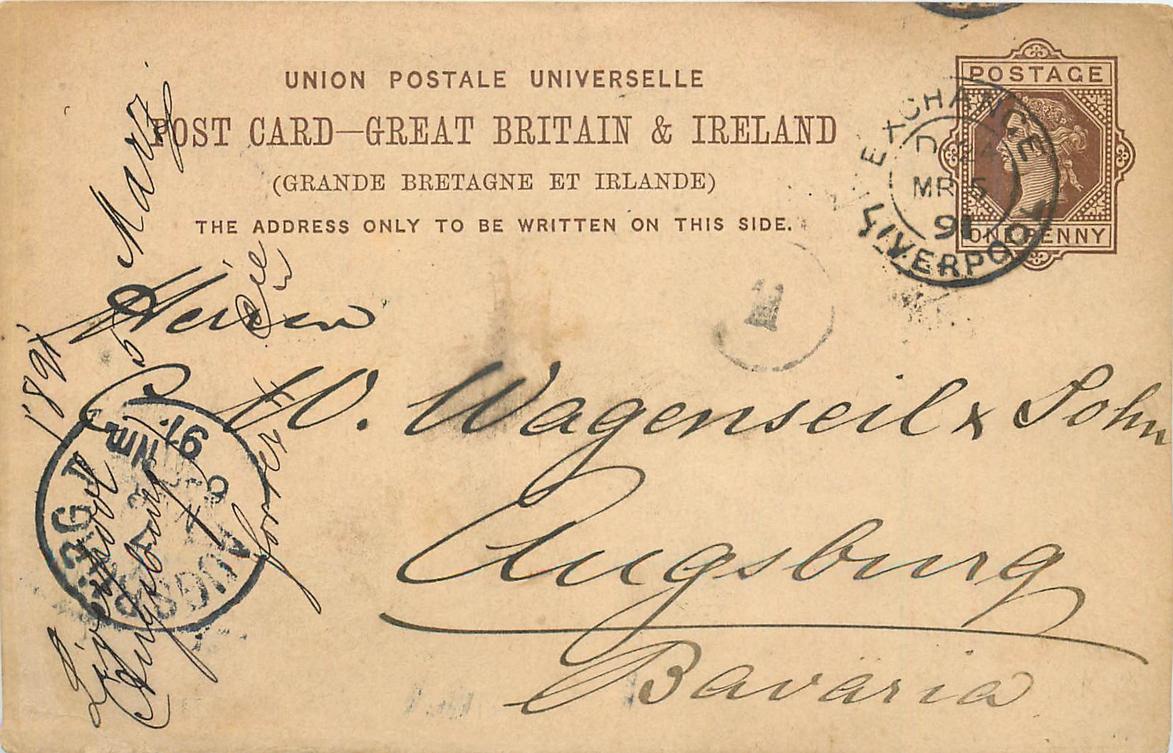 Entier Postal Postal Stationary Grande Bretagne Great Britain 1891 Liverpool to Augsburg