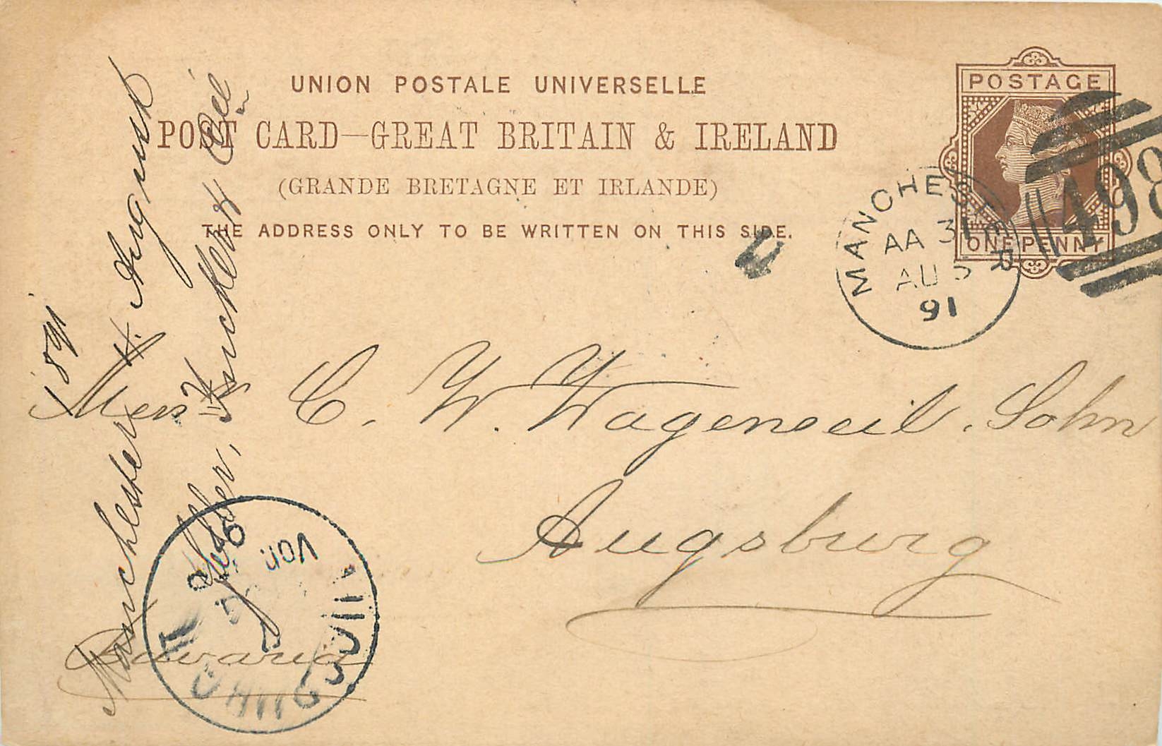 Entier Postal Postal Stationary Grande Bretagne Great Britain 1891 Manchester to Augsburg