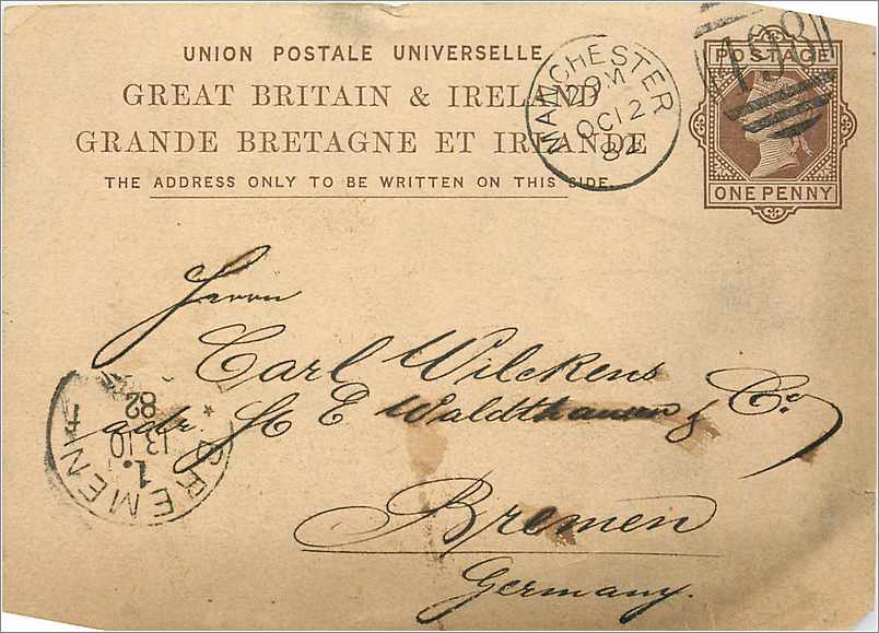 Entier Postal Postal Stationary Grande Bretagne Great Britain 1882 Manchester to Bremen