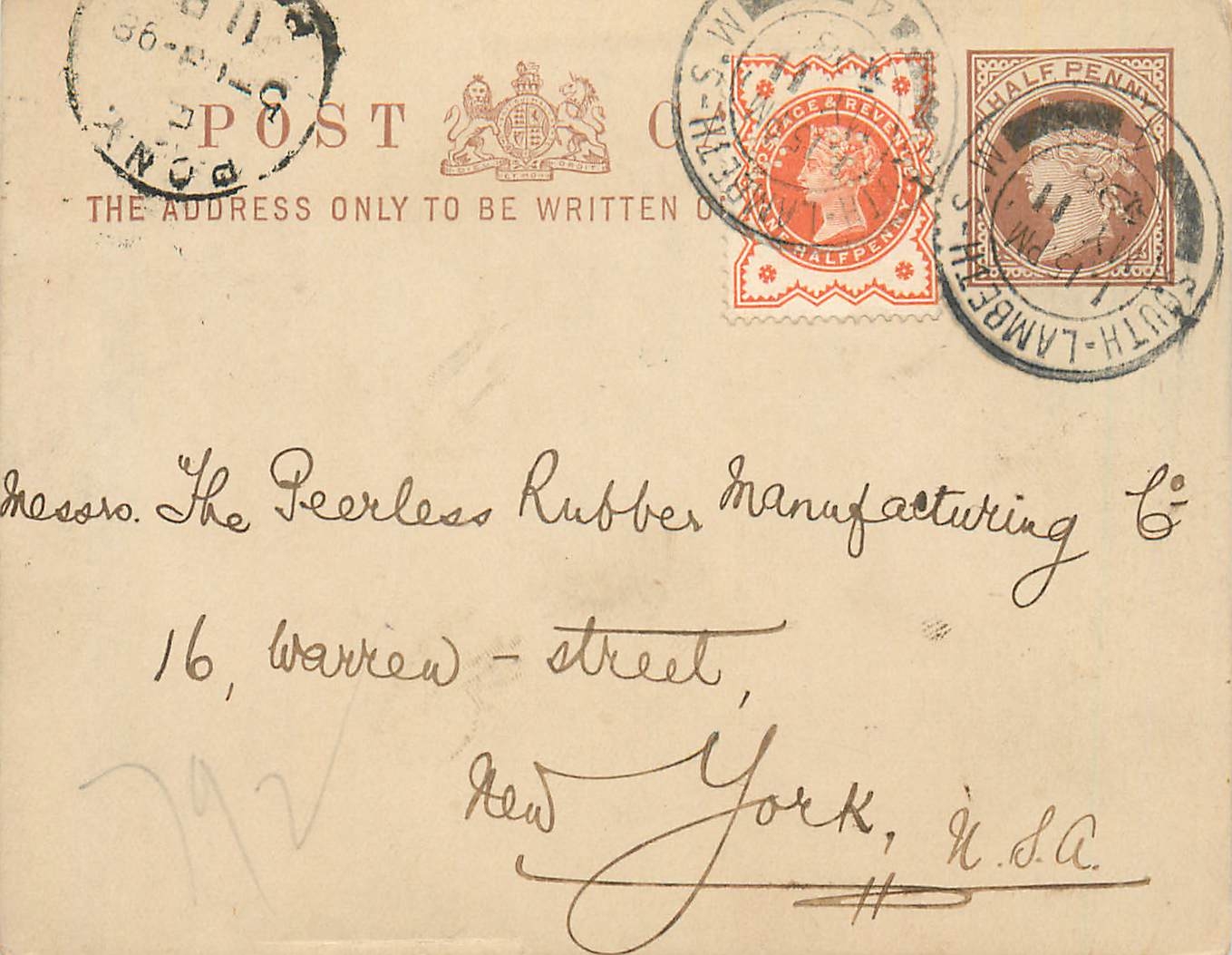 Entier Postal Postal Stationary Grande Bretagne Great Britain 1898 South Lambeth to New York