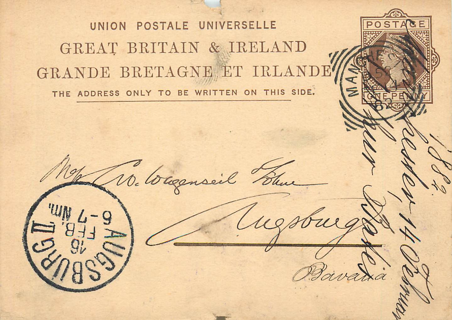 Entier Postal Postal Stationary Grande Bretagne Great Britain 1882 Manchester to Augsburg